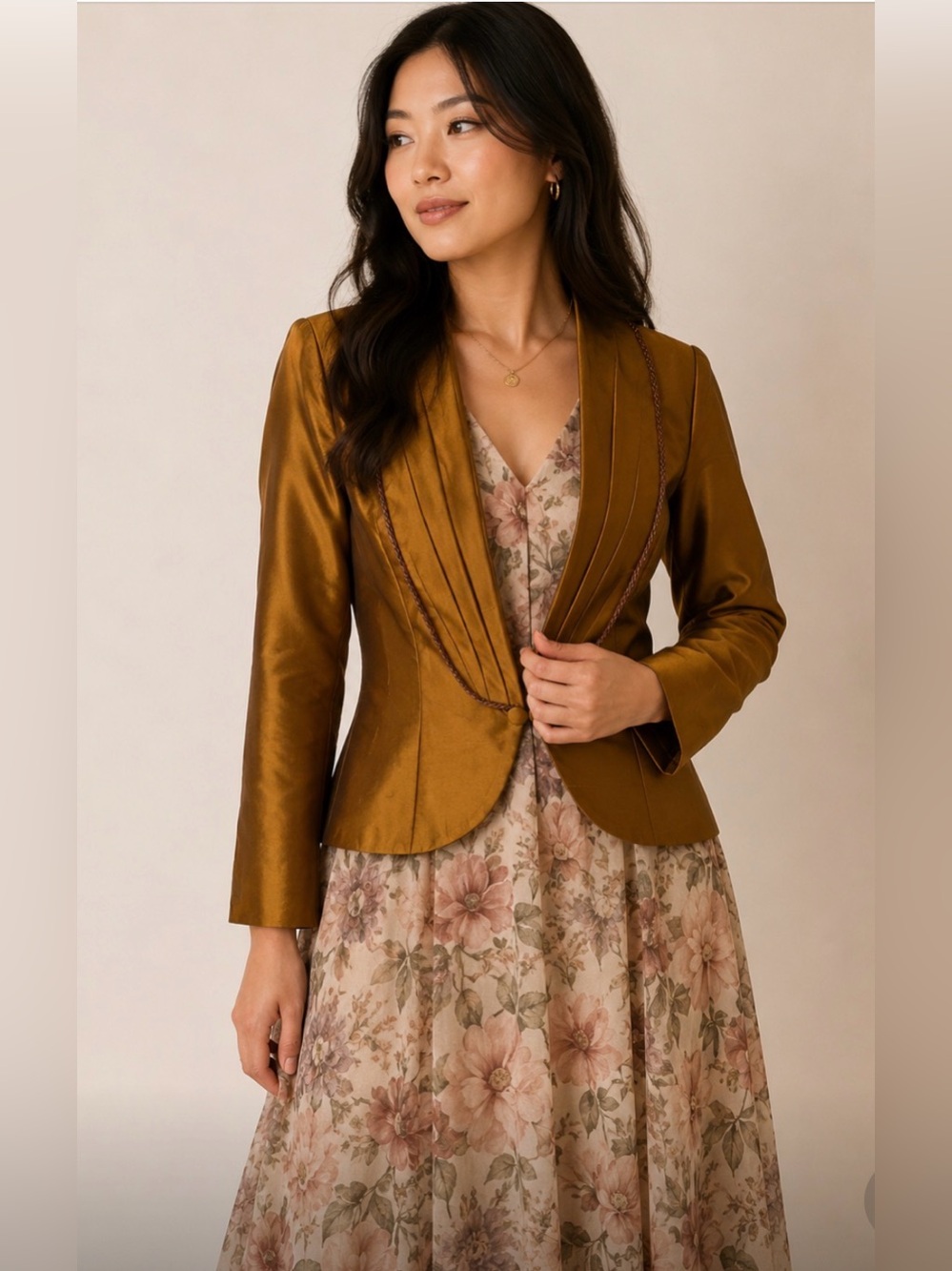VELIKA DESIGNS Vintage Silk Blazer with Beaded Lapel